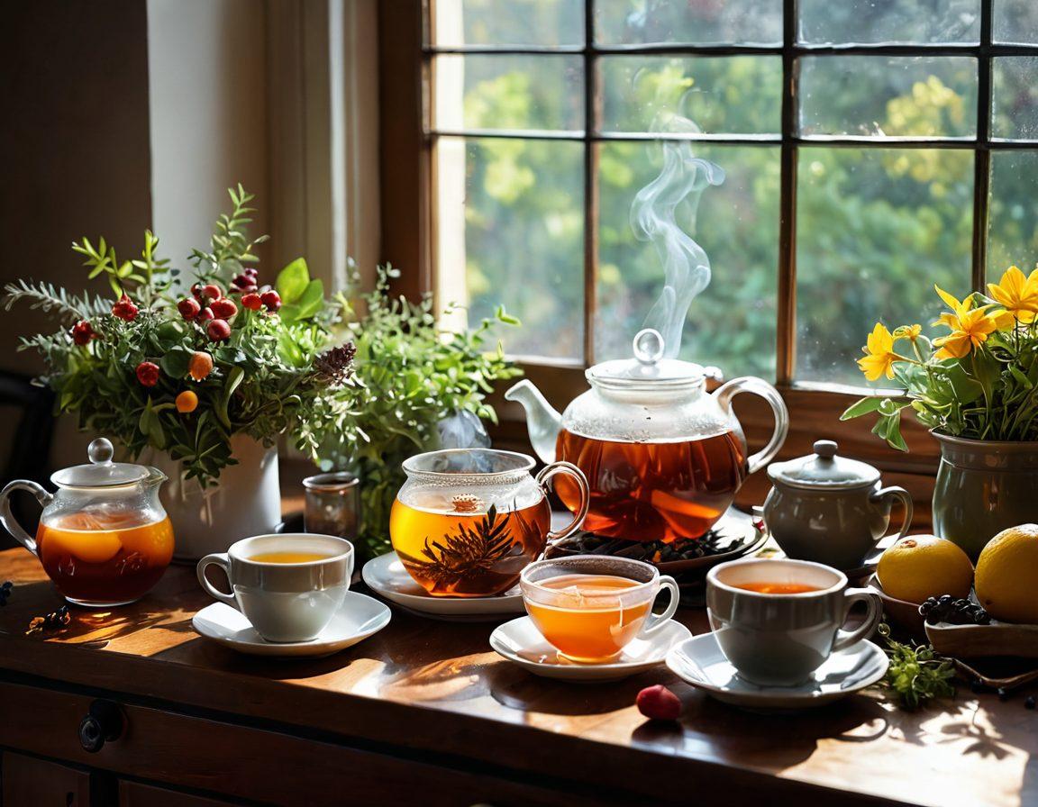 A warm, inviting scene of a cozy kitchen table with a steaming cup of infused tea blends surrounded by vibrant herbs and colorful fruits ready for infusion. Sunlight streaming through a window highlights the steam curling up from the cup, creating an atmosphere of comfort and relaxation. A background featuring an open teapot and scattered leaves adds to the charm. botanical elements, soft colors, cozy ambiance. super-realistic. vibrant colors.