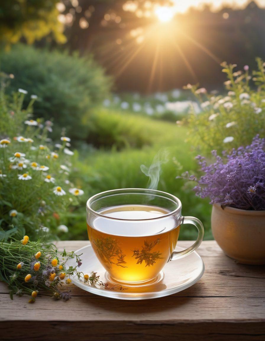 A serene tea garden with an array of herbal plants like chamomile, peppermint, and lavender, set against a soft sunset. A steaming cup of herbal tea sits on a rustic wooden table, surrounded by fresh herbs and flowers, evoking a sense of tranquility and wellness. The background features a gentle breeze rustling the leaves, enhancing the calming atmosphere. super-realistic. vibrant colors. peaceful ambiance.