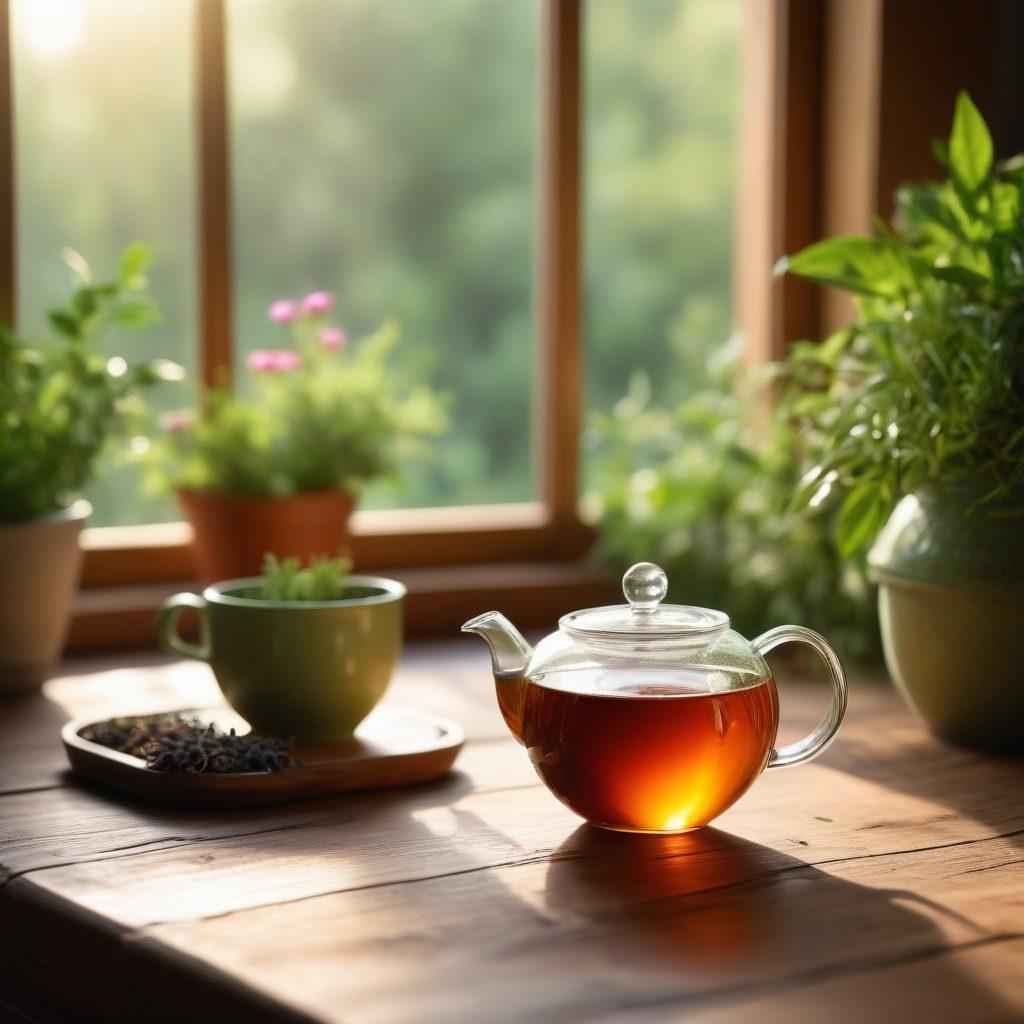 A serene morning scene with a glowing cup of premium infused tea on a wooden table, surrounded by vibrant herbs and fruits used for infusion. Soft sunlight is streaming through a window, creating a warm, inviting atmosphere. A person with a peaceful expression is holding the cup, blissfully enjoying the aroma. Include natural elements like green plants and a whimsical teapot in the background. super-realistic. vibrant colors. soft focus.